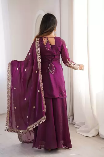 plum color embroidery sequence work   silk blend   kurta set