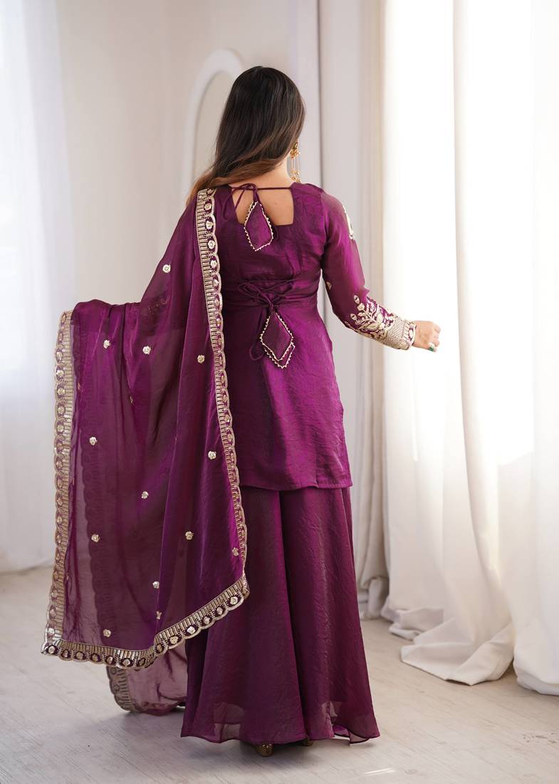 plum color embroidery sequence work   silk blend   kurta set