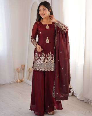 brown color embroidery sequence work   silk blend   kurta set 1