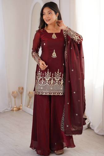 brown embroidery sequence silk blend kurta set