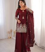 brown color embroidery sequence work   silk blend   kurta set