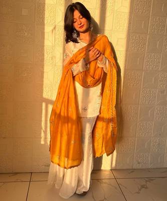 yellow color embroidery sequence work   silk blend   kurta set 1
