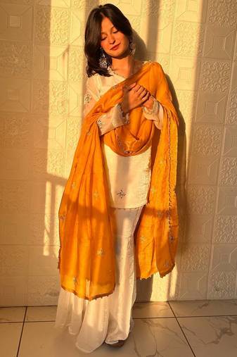 yellow embroidery sequence silk blend kurta set