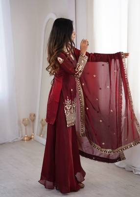 brown color embroidery sequence work   silk blend   kurta set 2