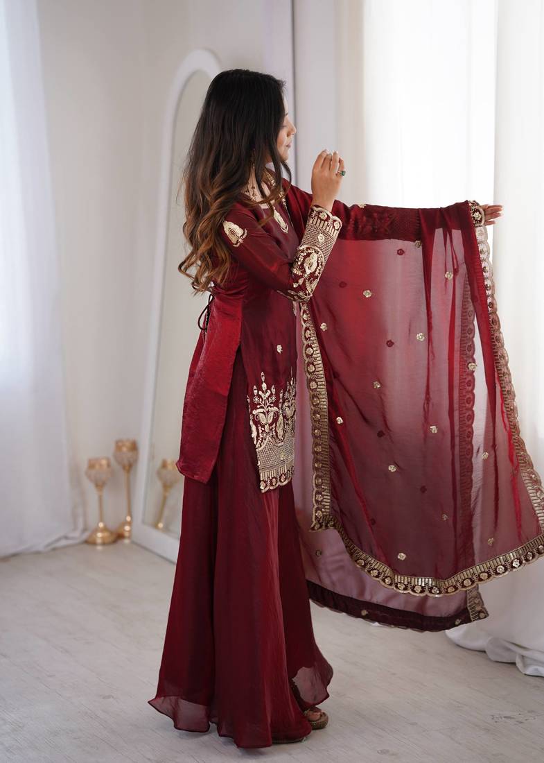 brown color embroidery sequence work   silk blend   kurta set