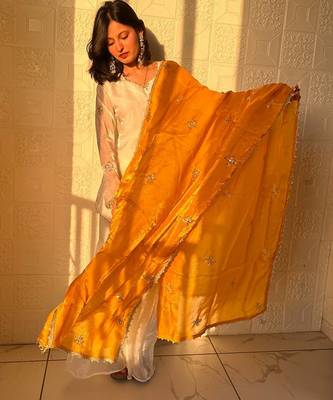 yellow color embroidery sequence work   silk blend   kurta set 2