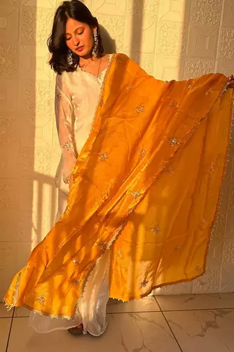 yellow color embroidery sequence work   silk blend   kurta set