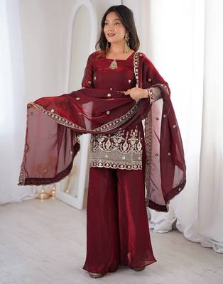 brown color embroidery sequence work   silk blend   kurta set 3
