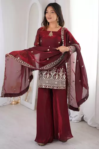 brown color embroidery sequence work   silk blend   kurta set