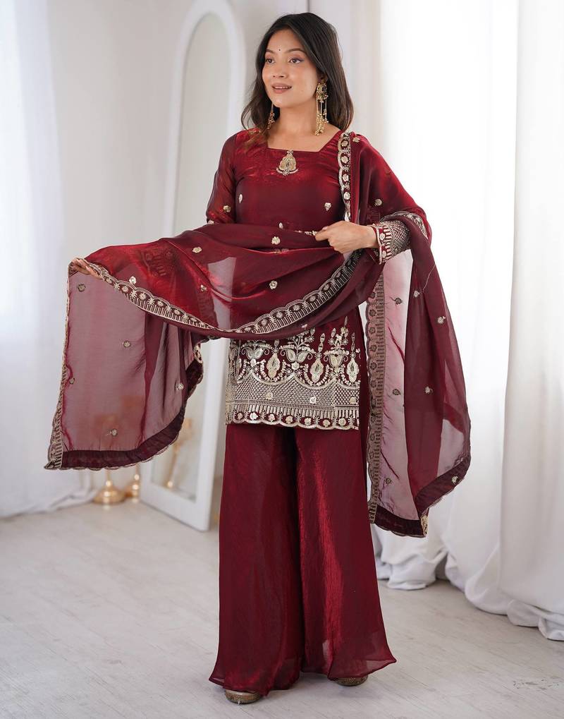 brown color embroidery sequence work   silk blend   kurta set