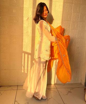 yellow color embroidery sequence work   silk blend   kurta set 3