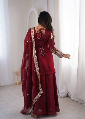 brown color embroidery sequence work   silk blend   kurta set 4