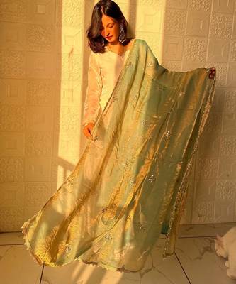 sea green color embroidery sequence work   silk blend   kurta set 1