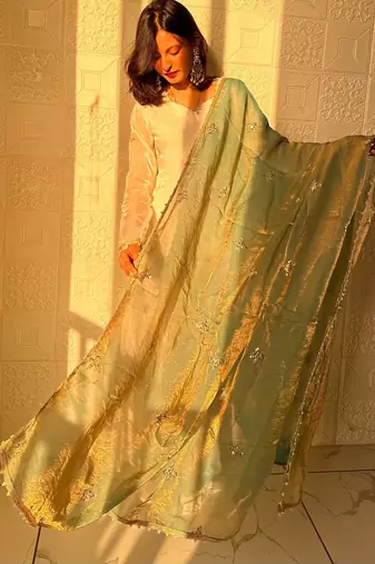 sea green color embroidery sequence work   silk blend   kurta set