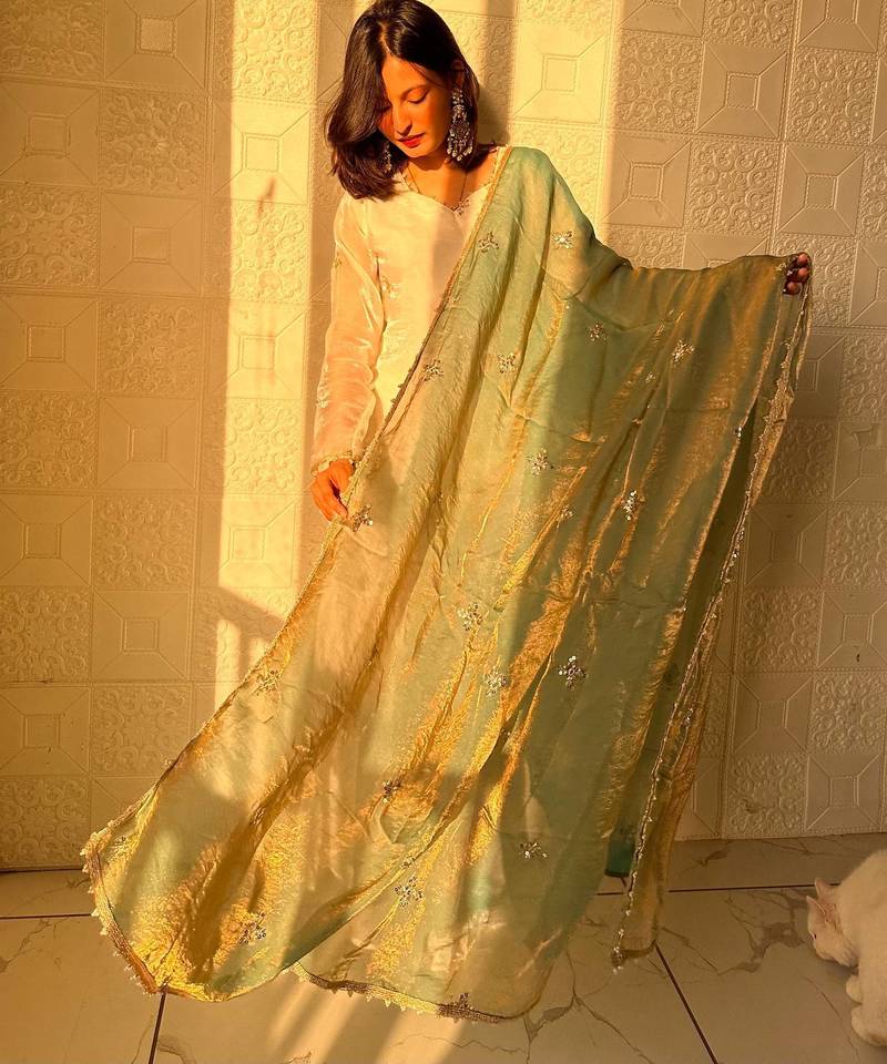 sea green color embroidery sequence work   silk blend   kurta set