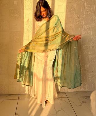 sea green color embroidery sequence work   silk blend   kurta set 2