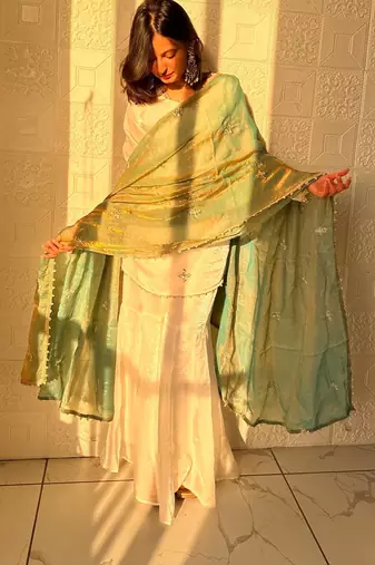 sea green color embroidery sequence work   silk blend   kurta set