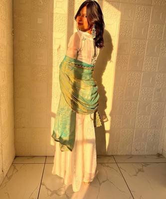 sea green color embroidery sequence work   silk blend   kurta set 3