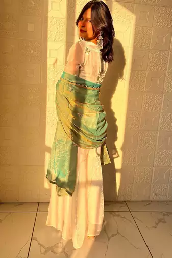 sea green color embroidery sequence work   silk blend   kurta set