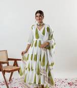 White Jungle Cypress Block Printed Angrakha Style Anarkali Kurti Pant Dupatta Set
