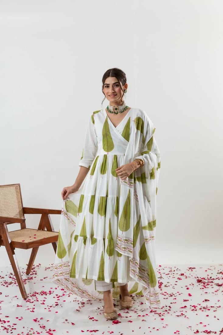 White Jungle Cypress Block Printed Angrakha Style Anarkali Kurti Pant Dupatta Set