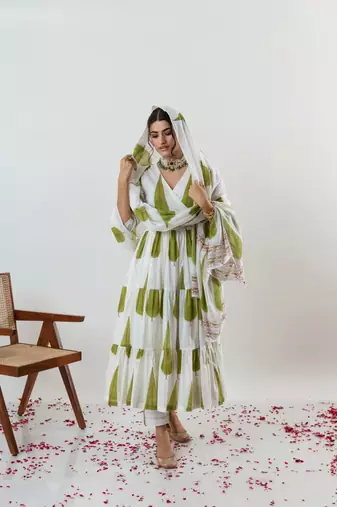 White Jungle Cypress Block Printed Angrakha Style Anarkali Kurti Pant Dupatta Set