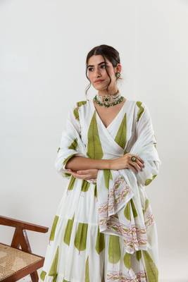 White Jungle Cypress Block Printed Angrakha Style Anarkali Kurti Pant Dupatta Set 3