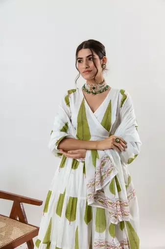 White Jungle Cypress Block Printed Angrakha Style Anarkali Kurti Pant Dupatta Set