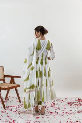 White Jungle Cypress Block Printed Angrakha Style Anarkali Kurti Pant Dupatta Set 4