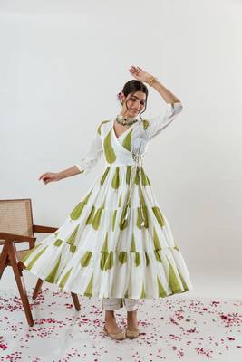 White Jungle Cypress Block Printed Angrakha Style Anarkali Kurti Pant Dupatta Set 5