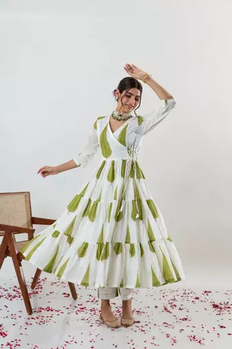 White Jungle Cypress Block Printed Angrakha Style Anarkali Kurti Pant Dupatta Set