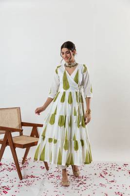 White Jungle Cypress Block Printed Angrakha Style Anarkali Kurti Pant Dupatta Set 6