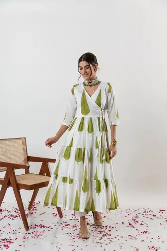 White Jungle Cypress Block Printed Angrakha Style Anarkali Kurti Pant Dupatta Set