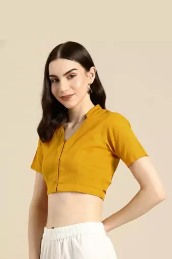 Yellow cotton hand embroidered non padded blouse