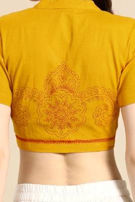 Yellow cotton hand embroidered non padded blouse 4