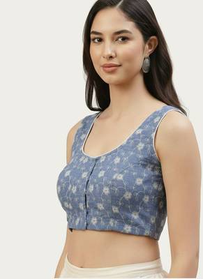 Blue cotton embroidered non padded blouse 1
