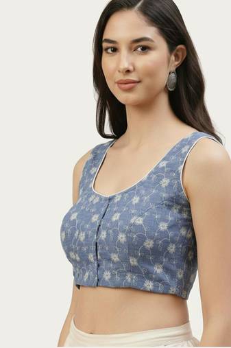 Blue cotton embroidered non padded blouse