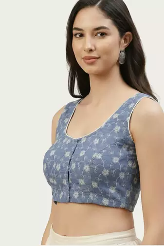Blue cotton embroidered non padded blouse