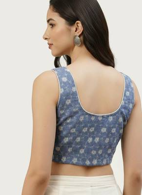 Blue cotton embroidered non padded blouse 4