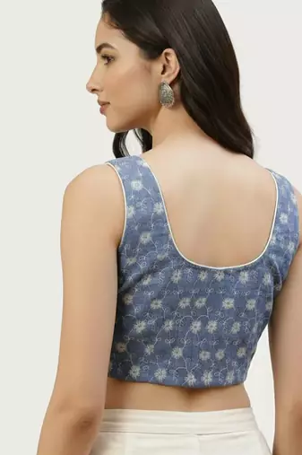 Blue cotton embroidered non padded blouse