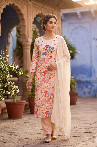 Women pink floral straight kurta with trousers & dupatta