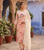 Women pink floral straight kurta with trousers & dupatta