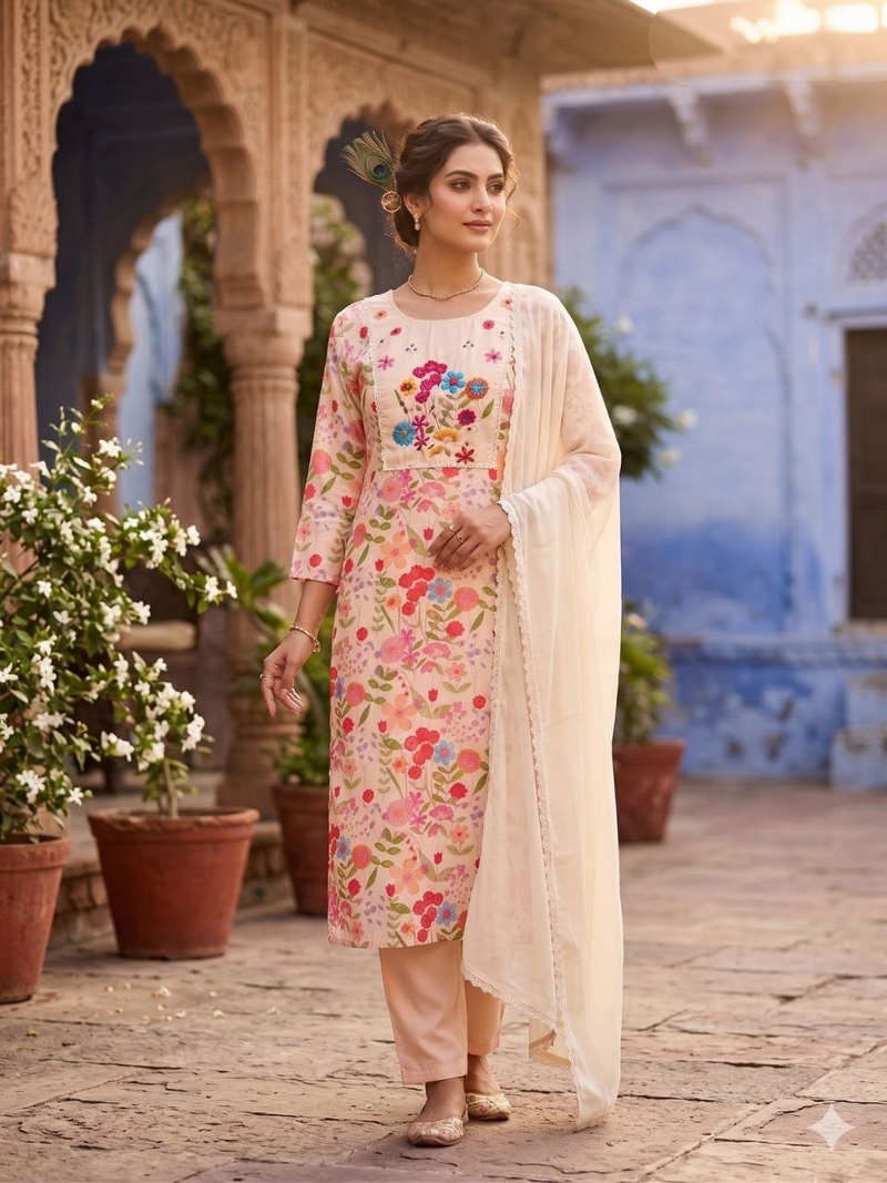 Women pink floral straight kurta with trousers & dupatta