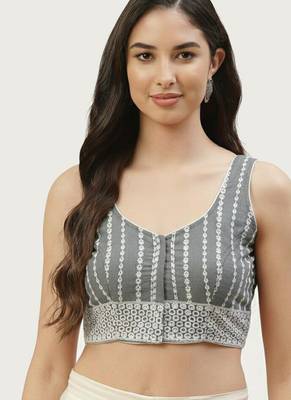 Grey cotton embroidered non padded blouse 2
