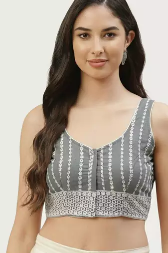 Grey cotton embroidered non padded blouse