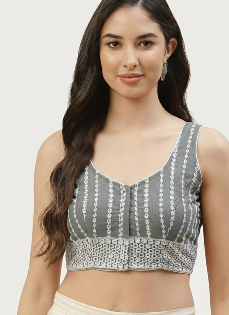 Grey cotton embroidered non padded blouse