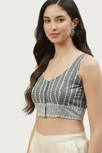 Grey cotton embroidered non padded blouse