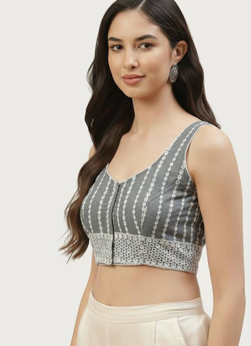 Grey cotton embroidered non padded blouse