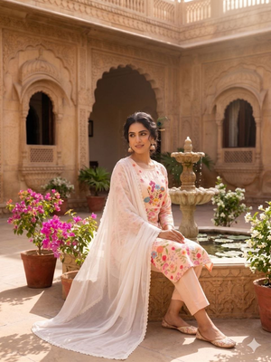 Women pink floral straight kurta with trousers & dupatta 2