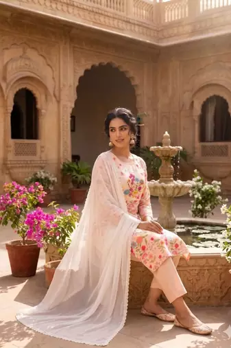 Women pink floral straight kurta with trousers & dupatta